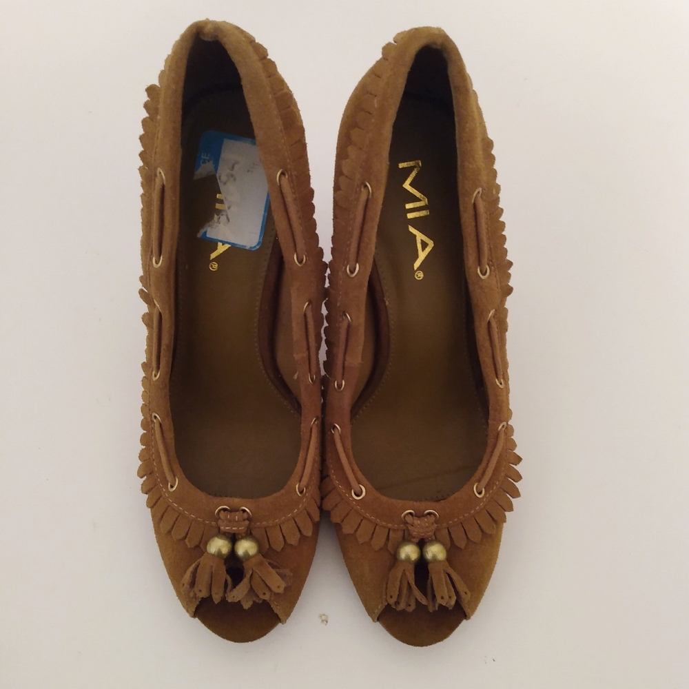 MIA Brown Suede Fringe Tassel Peep Toe 4" Heels sz 8 M